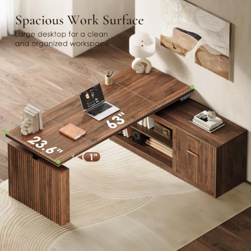 OffiGo Fluted 63 Inch L Shaped Electric Standing Desk with Storage, Walnut - Image 4