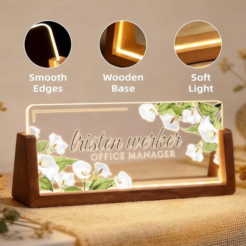 Personalized Light Up Acrylic Desk Name Plate - Custom Name Plate for Desk with Walnut Wood Base - Appreciation Office Gifts for Employees, Teacher, Social Worker (White) - Image 7