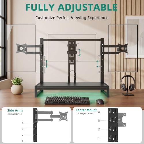 YAOHUOO Monitor Arm with LED,Adjustable Desk Monitor Mount for 3 Screens, Heavy Duty Fully Stand Riser with Clamp, Storage Shelf for Office,Living Room - Image 4