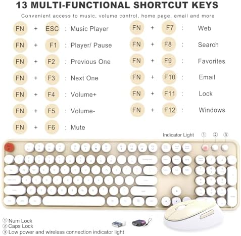 Wireless Keyboard and Mouse Combo, Ergonomic Full Size Typewriter Retro Round Keycaps Keyboard, Compatible with Windows, PC, Perfer for Home and Office Keyboards (Beige - Image 4