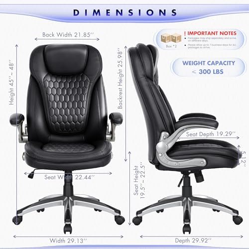 COLAMY High Back Executive Office Chairs, Ergonomic PU Leather Desk Chairs with Flip-Up Armrests, Adjustable Height, Lumbar Support, Comfortable Computer Chairs for Home Office, Set of 2 - Image 3
