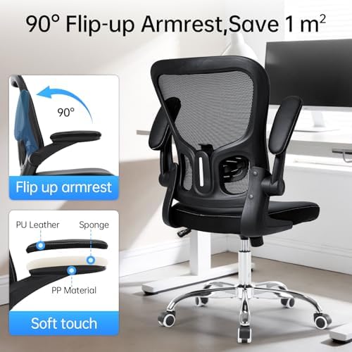 Ergonomic Office Chair, Adjustable PU Leather Computer Desk Chair with Lumbar Support, Flip-Up Arms, Breathable Mesh Back, 360° Swivel Rolling Executive Chair for Home Office, Black - Image 6
