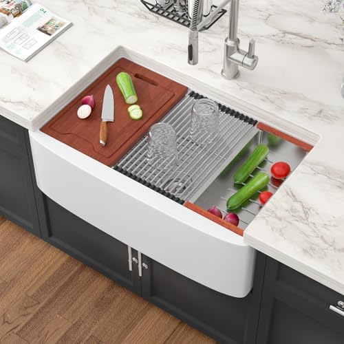 33 Inch White Farmhouse Sink Workstation - Couoko White Curved Apron Front Fireclay Farm Sink Large Deep Ceramic Single Bowl Farmhouse Kitchen Sinks with Luxury Accessories, 33" x 21" x10" by Couoko