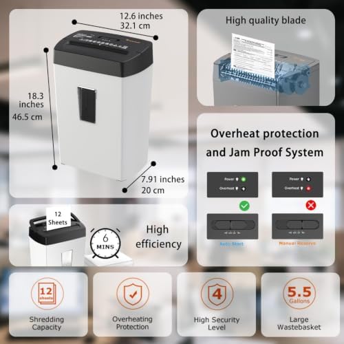 Bonsaii Heavy-Duty Shredder, Up to 12 Sheets, P-4 high Security, Credit Cards, Mail, & Staples, 5.5-Gallon bin with a Transparent Window, Suitable for Heavy-Duty use in Home Offices, White & Black - Image 2