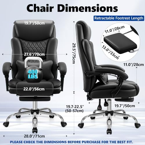 Ergonomic Office Chair Executive PU Leather High Back Office Chair, 400lbs Heavy Duty Reclining Desk Chair with Footrest, Adjustable Lumbar Support, Padded Armrests,Black,2 Pack - Image 2