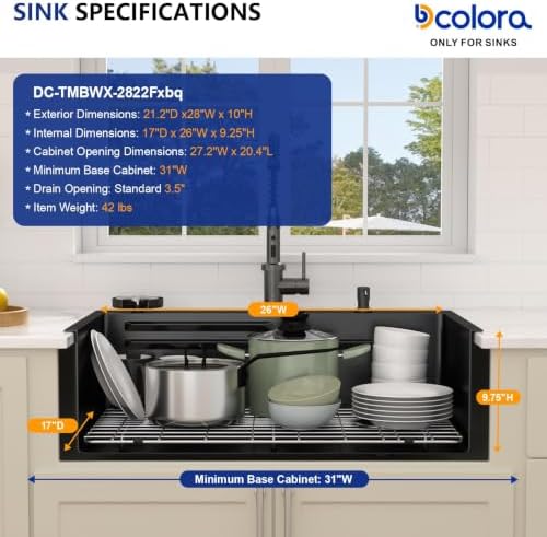 Dcolora 28"x21.2" Matte Black Drop In Kitchen Sink Workstation with Faucet - Image 3