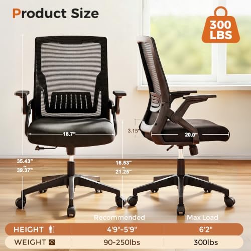 GTPLAYER Ergonomic Office Chair with Flip-up Armrests Executive Computer Chair for Home Office, Breathable Mesh & Comfy Lumbar Support, Black - Image 2