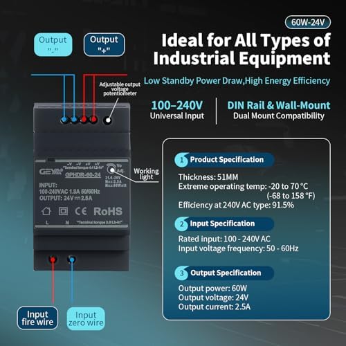 Ultra Slim Step-Shape 3SU DIN Rail Power Supply, 24V 2.5A 60W GPHDR-60-24 for Industrial Automation, Communication Base Stations, Data Centers and Medical Equipment - Image 2