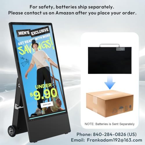 43 Inch Outdoor Digital Signage A-Frame Displays, Rechargeable Digital LCD Kiosks, Moveable Commercial Totem, IP65 Waterproof, Auto Adjustment 2000nits High Brightness Screen, High Capacity Battery for Restaurant/Bar/Food Truck/Store - Image 2
