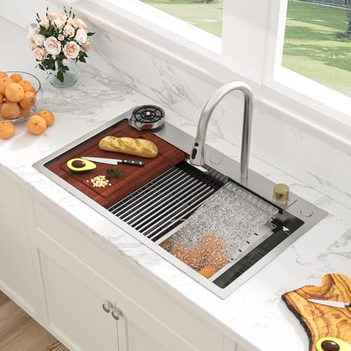 Sarlai Waterfall Kitchen Sink - 30 Inch Drop In Waterfall Workstation Kitchen Sink Stainless Steel 16 Gauge Topmount Single Bowl Multifunctional Top Mount Sinks with Faucet Combo 30x19x9 - Image 2