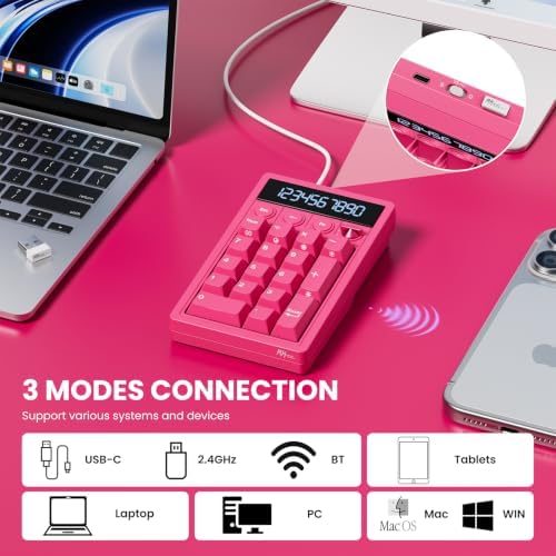 RK ROYAL KLUDGE M20 Wireless Number Pad, Mechanical Numpad with LCD Display, PC Numpad & Calculator Modes, Programmable Numeric Keypad, Bluetooth/2.4G/Wired, RGB Hot-Swappable for Win/Mac - Image 2