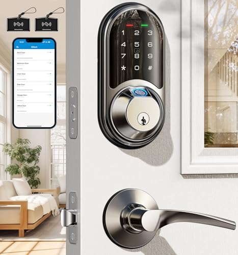 Veise RZ07B Fingerprint Smart Lock with 2 Lever Handle Set, Satin Nickel by Veise