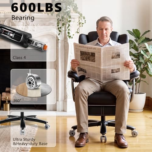 600lbs Big and Tall Office Chair for Heavy People,Heavy Duty Comfy Executive Office Desk Chair with Adjustable Lumbar Support,High Back Reclining PU Leather Computer Chair,Metal Base (Reclining Black) - Image 6