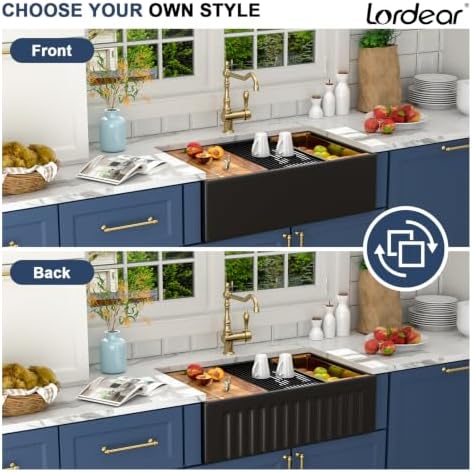 Lordear 33 Black Farmhouse Sink Workstation Porcelain Farm Kitchen Sinks Matte Black Single Bowl Basin 33x20x10 Inch Large Bowl Sink - Image 3