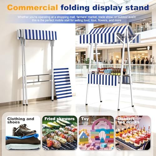 Outdoor Vendor Cart with Canopy, Blue Farmers Market Stand - Image 4