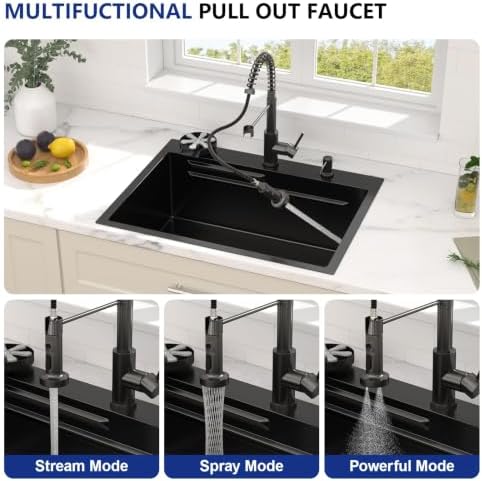 Dcolora 28"x21.2" Matte Black Drop In Kitchen Sink Workstation with Faucet - Image 5