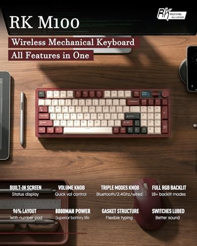 RK ROYAL KLUDGE M100 Wireless Mechanical Keyboard with Screen & Knobs, Red - Image 2