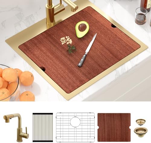 Sarlai 21 Gold Kitchen Sink with Faucet- 21x20 Inch Drop In Kitchen Sink Gold Ledge Workstation Sinks 16 Gauge Stainless Steel Single Bowl Topmount Sinks with Pull-out Faucet - Image 2
