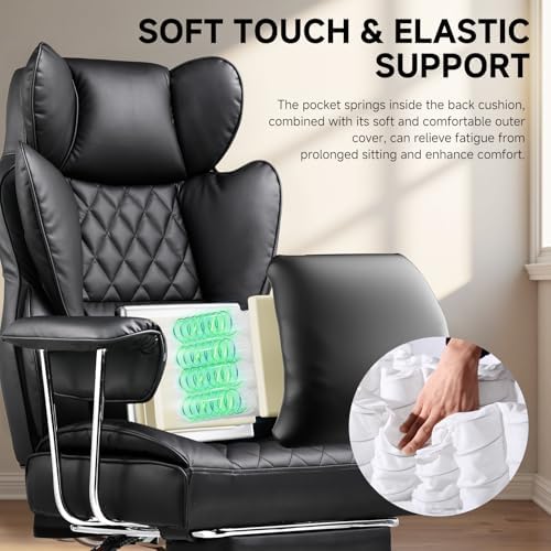 COMHOMA Big and Tall Office Chair, High Back Leather Gaming Chair with Footrest, Executive Ergonomic Office Chair with Pocket Spring Lumbar Support and with Outward Fixed Soft Armrests - Image 4
