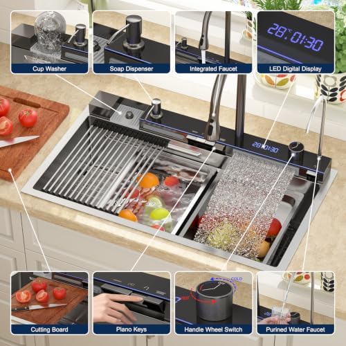 Lordear 33 Inch Drop In Smart Kitchen Sink with Waterfall Faucet - Image 4