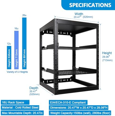 RackPath 16U Open Frame Network Rack with 2X 14in Vented 1U Shelves Rear Support, Wall Mount/Floor Standing Network Cabinet, Heavy Duty 150 lbs Capacity for IT & AV Gear, Audio and Video Device - Image 2