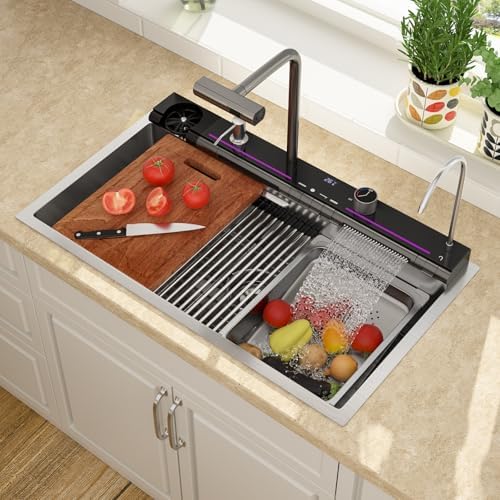 Lordear Drop In Kitchen Sink, 33 inch Waterfall Sink 16 Gauge Stainless Steel, Above Counter Smart Kitchen Sinks, Single Bowl with Integrated Faucet for High-Efficiency Cleaning - Image 2