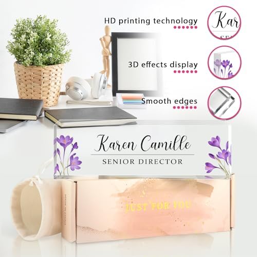Custom Office Name Plate for Desk - Name Plate Personalized Gifts for Coworkers, Boss, Teacher, Social Worker - Acrylic Office Desk Decor for Women Men - Employee Appreciation Gifts (purple green) - Image 2