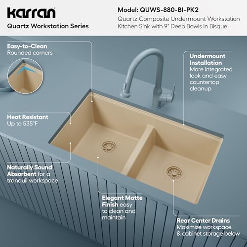Karran 32.5 Inch Undermount Quartz Composite Workstation Kitchen Sink, 50/50 Double Bowl Low Divide with Color Matched Accessories, Cutting Board, Drying Mat, Colander & Strainers Bisque - Image 4