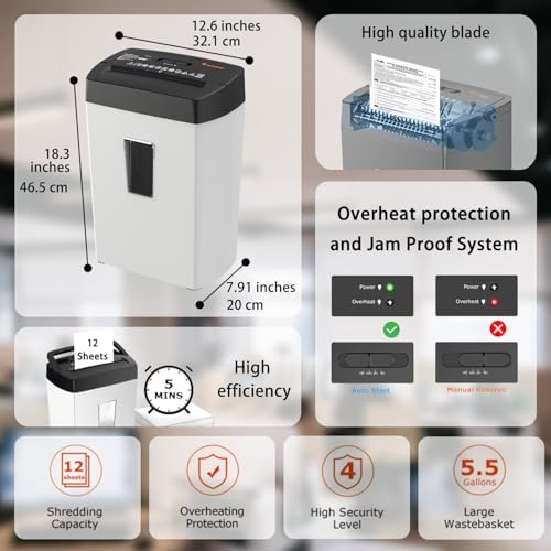 Bonsaii 12-Sheet Cross Cut Shredder, P-4 High Security, 5.5 Gal, Heavy Duty for Home Office, Shreds Paper, Credit Card, Mail, Staples, with Transparent Window, White & Black - Image 2