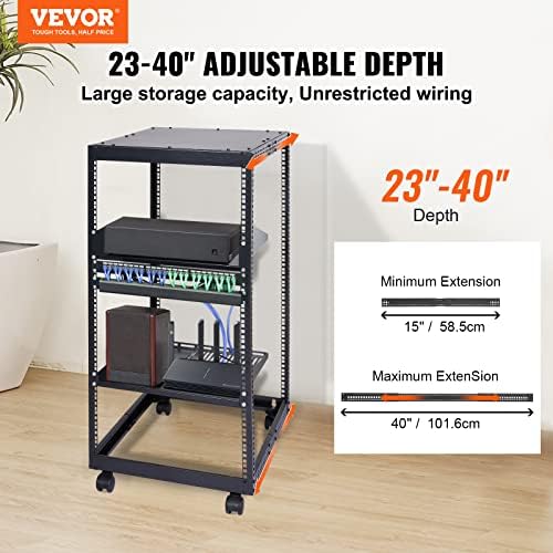 VEVOR 20U Open Frame Server Rack, 23''-40'' Adjustable Depth, Free Standing or Wall Mount Network Server Rack, 4 Post AV Rack with Casters, Holds All Your Networking IT Equipment AV Gear Router Modem - Image 2