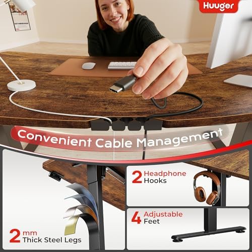 Huuger 55 X 24 Inch Electric Standing Desk with Power Outlets and USB-C Port, Height Adjustable Desk, Sit Stand Desk for Home Office, Computer & Gaming Desk, Stable Steel Frame, Rustic Brown - Image 6