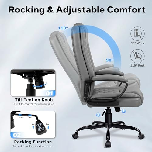 Executive Office Chair, Ergonomic High Back Desk Chair with Lumbar Support, Adjustable Big and Tall Computer Chair, 360° Swivel, PU Leather, Grey - Image 6