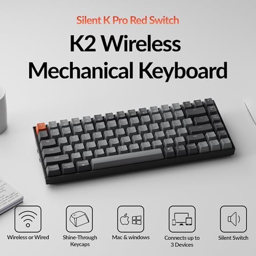 Keychron K2 75% Layout Bluetooth Wireless Mechanical Gaming Keyboard Silent K Pro Red Switch/White LED Backlit/USB C/Anti Ghosting/N-Key Rollover, 84 Keys, for Mac Windows - Image 2