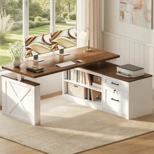 OffiGo 55 Inch Farmhouse L Shaped Electric Standing Desk, Walnut+White by OfficeGo-ForHomeOfficeWork