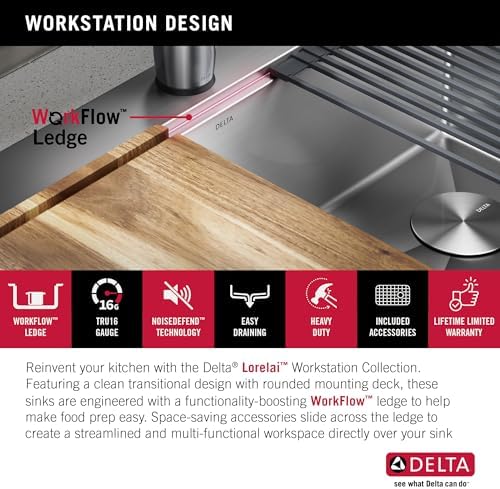 DELTA FAUCET 95A932-33S-SS Lorelai Workstation Kitchen Sink Drop-in Top Mount Stainless Steel Single Bowl with WorkFlow Ledge and Chef’s Kit of 5 Accessories - Image 4