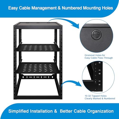 RackPath 20U Open Frame Network Rack with 2X 14in Vented 1U Shelves Rear Support, Wall Mount/Floor Standing Network Cabinet, Heavy Duty 150 lbs Capacity for IT & AV Gear, Audio and Video Device - Image 4