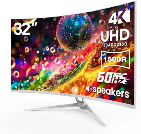 CRUA 32" 4K UHD 60Hz Curved Monitor, 1500R, AMD FreeSync, Speakers, White by CRUA