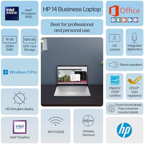HP 14" Laptop 2025 Business Student Slim Computer, Lifetime MS Office, Copilot AI, Quad-Core Intel CPU, 16GB RAM, 628GB Storage (128GB UFS+500GB Ext), MarxsolAccessory, Wi-Fi 6, Win 11 Pro, Sky Blue - Image 2