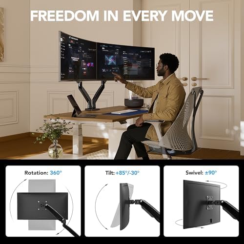 HUANUO Dual Monitor Stand for 13″–40″, Premium Dual Monitor Mount with USB, Height Adjustable Monitor Stand for 2 Monitors, VESA Mount with Clamp/Grommet Base, Holds 26.4lbs per Arm, HNDS7 (Pack of 2) - Image 4