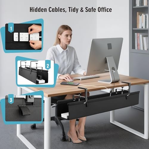 Desk Cable Management Tray, Fabric Cable Organizer, No Drill Large Clamp/Screw Mount Wire Organizer-Support Up to 30lbs, Standing Desk Cable Management for Office Home (Black,28 Inch) - Image 6