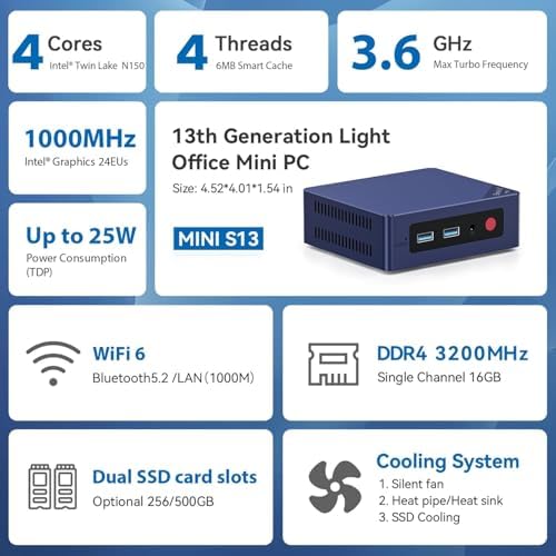 Beelink Mini S13 Mini PC,13th Intel Twin Lake-N150 (up to 3.6GHz, Upgraded N100),8GB DDR4 256GB M.2 SSD, Mini Desktop Computer Support 4K Dual Display/USB 3.2/WiFi 6/BT 5.2 for HTPC/Office/Business - Image 3