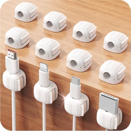 12Pack Cord Organizer, Chfeila Compact Dual Spring & Clasp Lock Cable Management Clips, Adhesive Phone Charger Keeper, Wire Holder for Nightstand/Car, Home Office Desk Accessories Decor Essentials by Chfeila