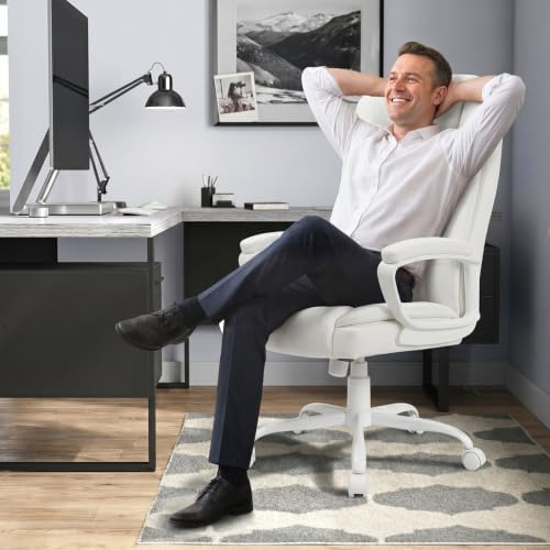 LEMBERI High Back PU Leather Executive Office Chair, Adjustable Swivel Computer Desk Chair with Padded Armrests for Home Office, White - Image 2