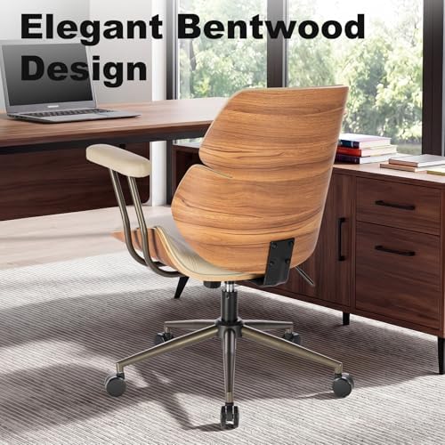 Mid Century Walnut Bentwood PU Leather Office Chair with Arms, Beige - Image 4