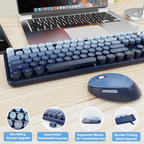 Wireless Keyboard and Mouse Combo, Ergonomic Full Size Typewriter Retro Round Keycaps Keyboard, Compatible with Windows, PC, Perfer for Home and Office Keyboards (Twilight Blue - Image 6