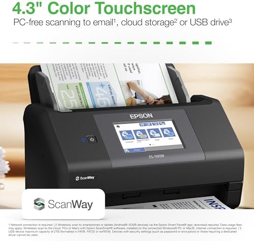 Epson Workforce ES-590W Wireless & USB High-Speed AI & Cloud Ready Desktop Color Duplex Document Scanner for Mac & PC, up to 45 ppm, Large 4.3" Color Touchscreen, 100-Page Auto Document Feeder - Image 5