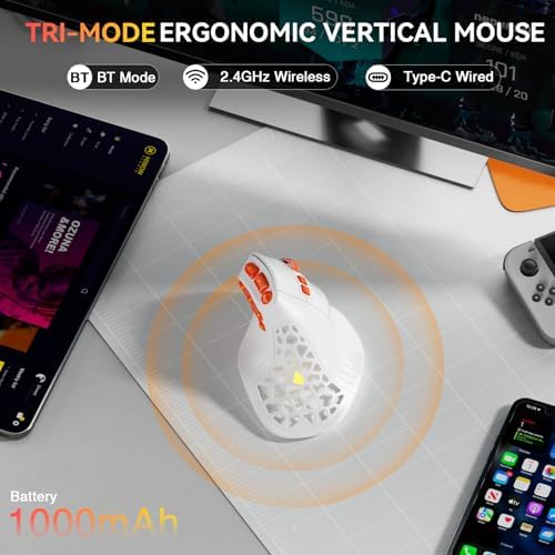 SOLAKAKA E9 PRO Vertical MMO Gaming Mouse - Ergonomic Wireless Mouse with 10 Side Buttons,PAW3395 36000 DPI Sensor,45°Grip,Tri-Mode 2.4G/BT/Wired, RGB,1000mAh Rechargeable Mouse for PC/Mac - White - Image 2