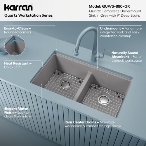 Karran 32.5" Grey Quartz Composite Undermount Double Bowl Workstation Kitchen Sink, 50/50 Chef Prep Station with Cutting Board, Roll-Up Mat, Colander, Bottom Grids and Accessories – QUWS-880 - Image 3