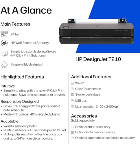 HP DesignJet T210 Large Format 24-Inch Plotter Printer for Easy CAD & Poster Prints (8AG32T), Includes 2-Year HP Care Pack with Onsite Support - Image 3