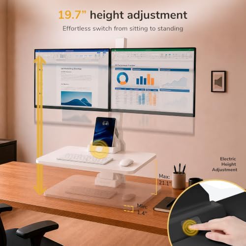Mount-It! Electric Standing Desk Converter, Motorized Sit Stand Desk Riser with Dual Monitor Mounts, Adjustable Height Ergonomic Workstation with 28” Wide Platform and Tablet/Phone Slot, White - Image 4